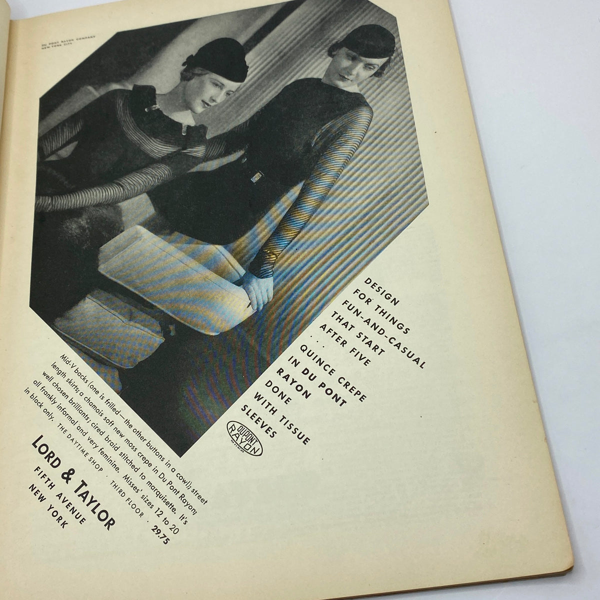 Fashion advertisement in The New Yorker magazine from November 25, 1933, showcasing stylish clothing designs by Lord & Taylor.