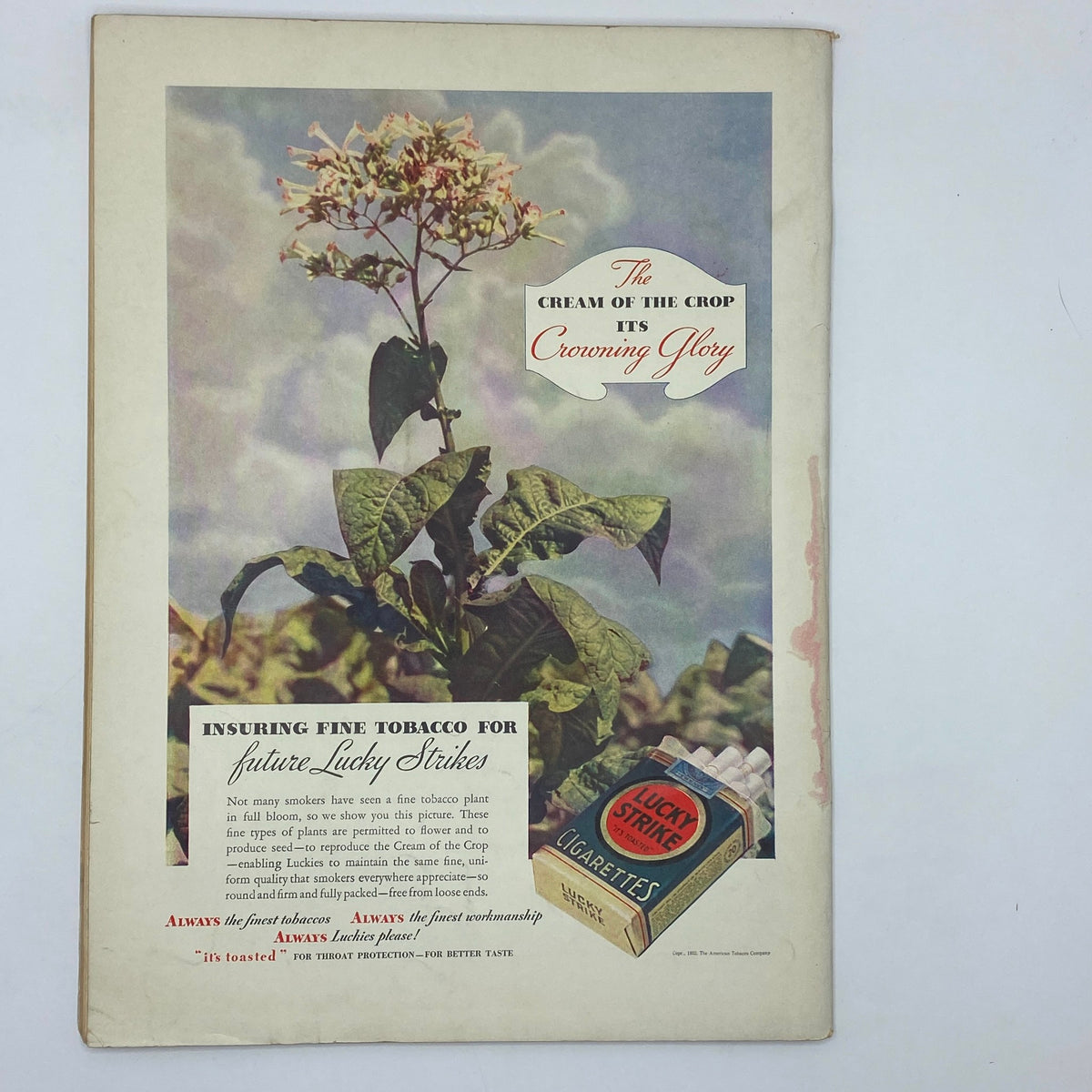 Vintage advertisement for Lucky Strike cigarettes in The New Yorker magazine from November 25, 1933, highlighting fine tobacco quality.