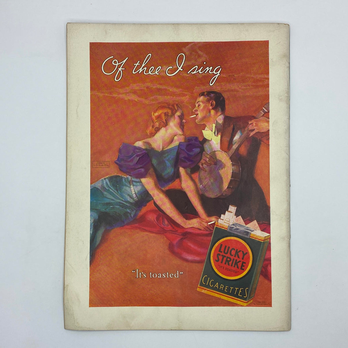 Illustrative advertisement from The New Yorker magazine featuring a romantic scene with two characters and a Lucky Strike cigarette pack, captioned 'Of thee I sing - It's toasted'. From The New Yorker Complete Magazine April 15, 1933, with a cover by William Steig.