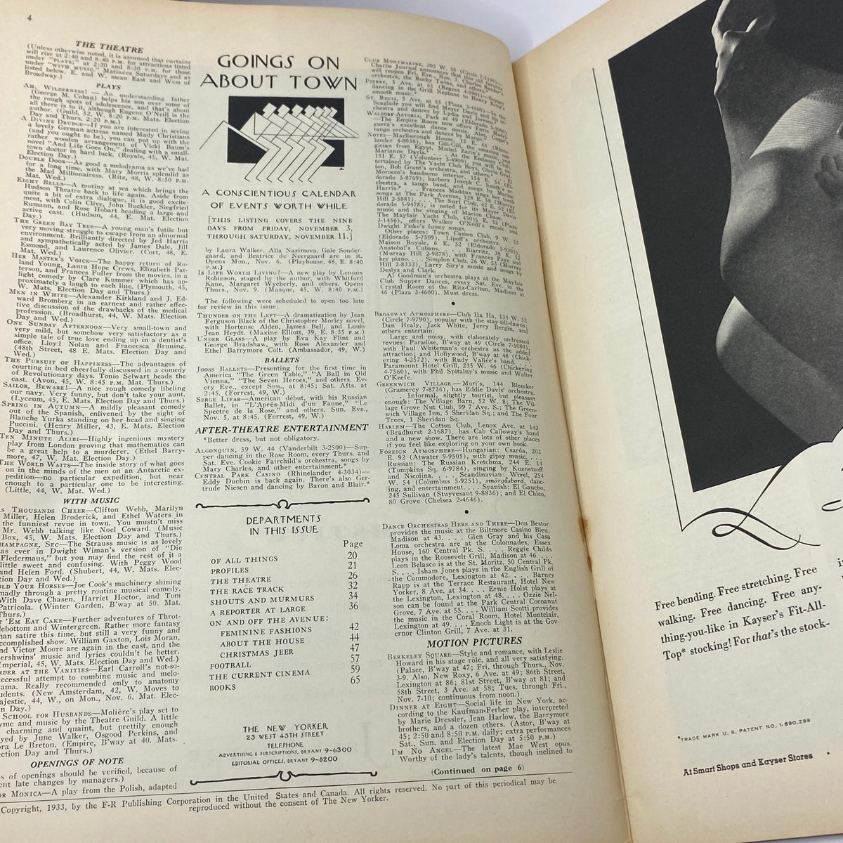 Interior page of The New Yorker Complete Magazine November 4, 1933 containing articles and events calendar, showcasing the magazine's classic layout and historical content.