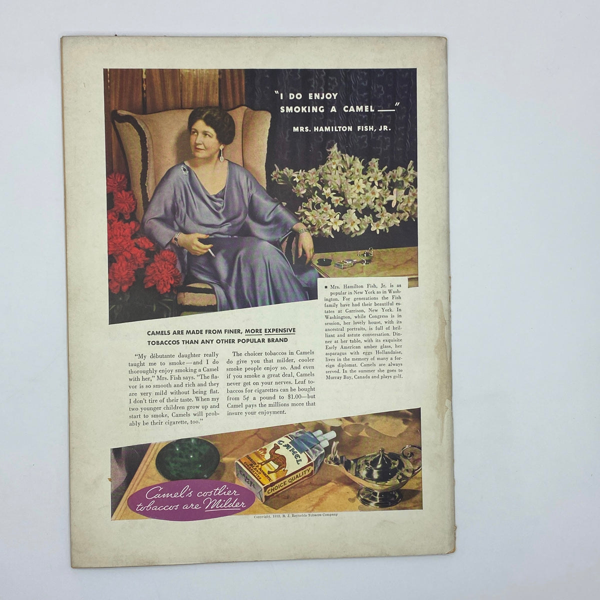 Vintage advertisement for Camel cigarettes featuring Mrs. Hamilton Fish, Jr. seated elegantly. Text includes a quote about enjoying smoking a Camel. This ad is from The New Yorker Complete Magazine November 4, 1933, showcasing historical advertising styles.