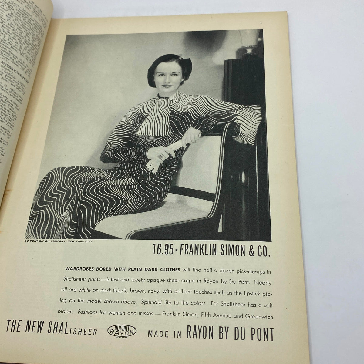 Another interior page from The New Yorker Complete Magazine December 23, 1933 featuring a vintage advertisement for Franklin Simon & Co with a stylish model.