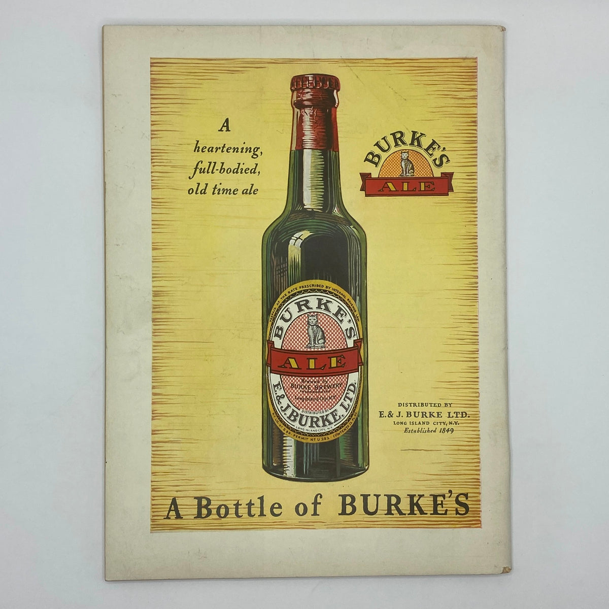Vintage advertisement for Burke's Ale featuring a bottle of ale with a colorful design, titled 'Burke's Ale', emphasizing its heartening and full-bodied qualities.