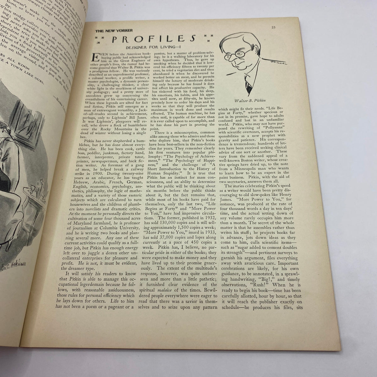 Interior page featuring the article 'Profiles: Designer for Living' in The New Yorker magazine, May 12, 1934, alongside an illustration of Walter B. Pitkin, showcasing historical magazine content.