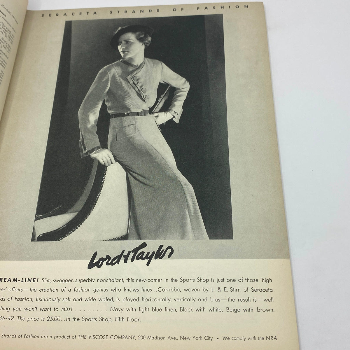Fashion advertisement in The New Yorker magazine from February 17, 1934, showcasing the 'Seraceta Strands of Fashion,' featuring vintage clothing and styles from Lord & Taylor, alongside the striking Rea Irvin cover.