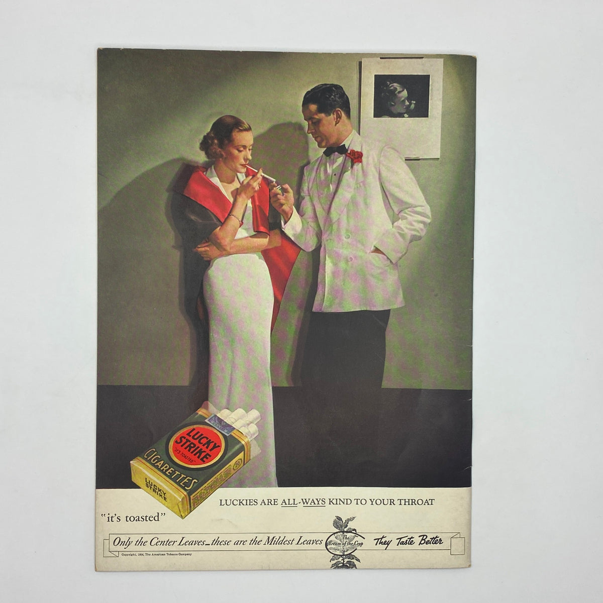 Advertisement for Lucky Strike cigarettes from The New Yorker Complete Magazine June 23, 1934 featuring a glamorous couple, illustrating 1930s fashion and marketing.