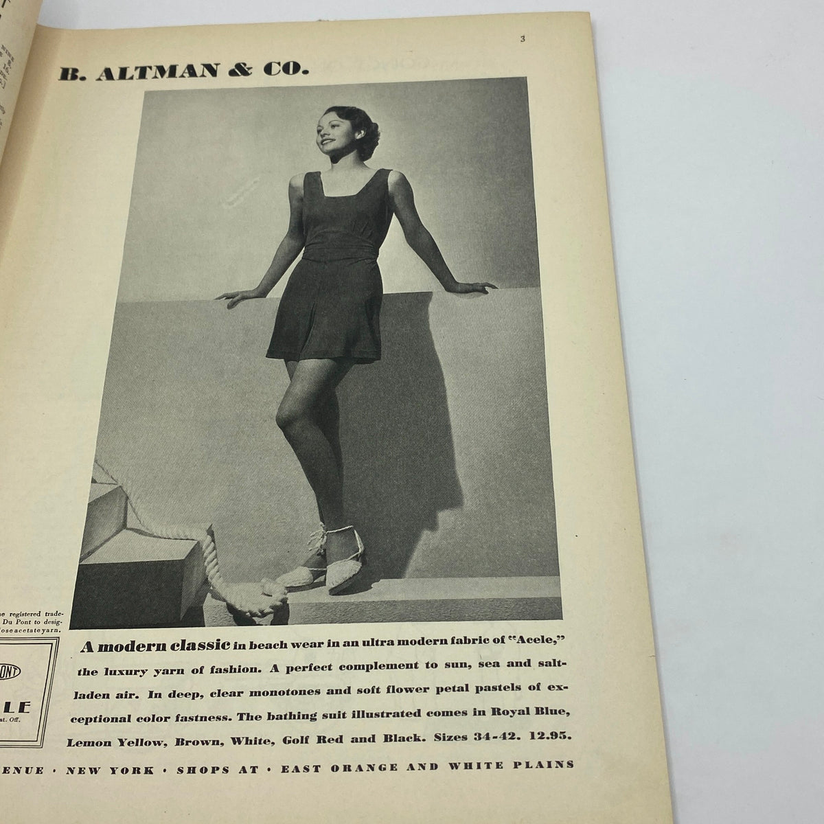 B. Altman & Co. advertisement featuring a woman in a stylish beach outfit, presented in a vintage magazine titled 'The New Yorker Complete Magazine June 9, 1934 Helen E. Hokinson Cover VG'.