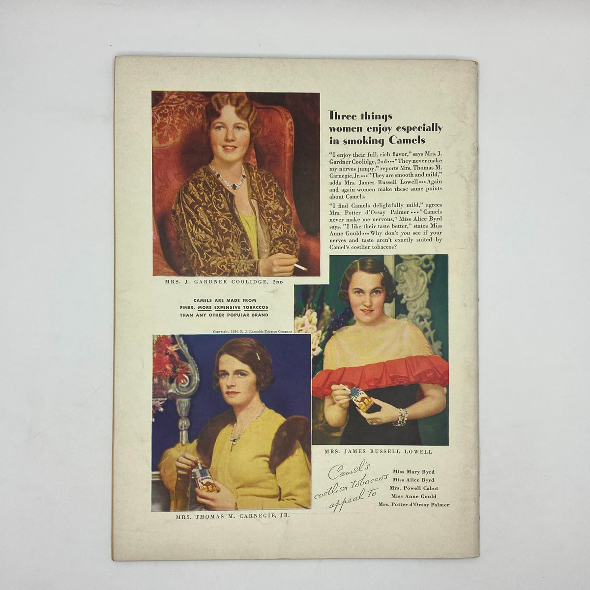 Elegant vintage advertisement showcasing three women endorsing Camel cigarettes from The New Yorker Complete Magazine July 14, 1934, emphasizing women's enjoyment of smoking.