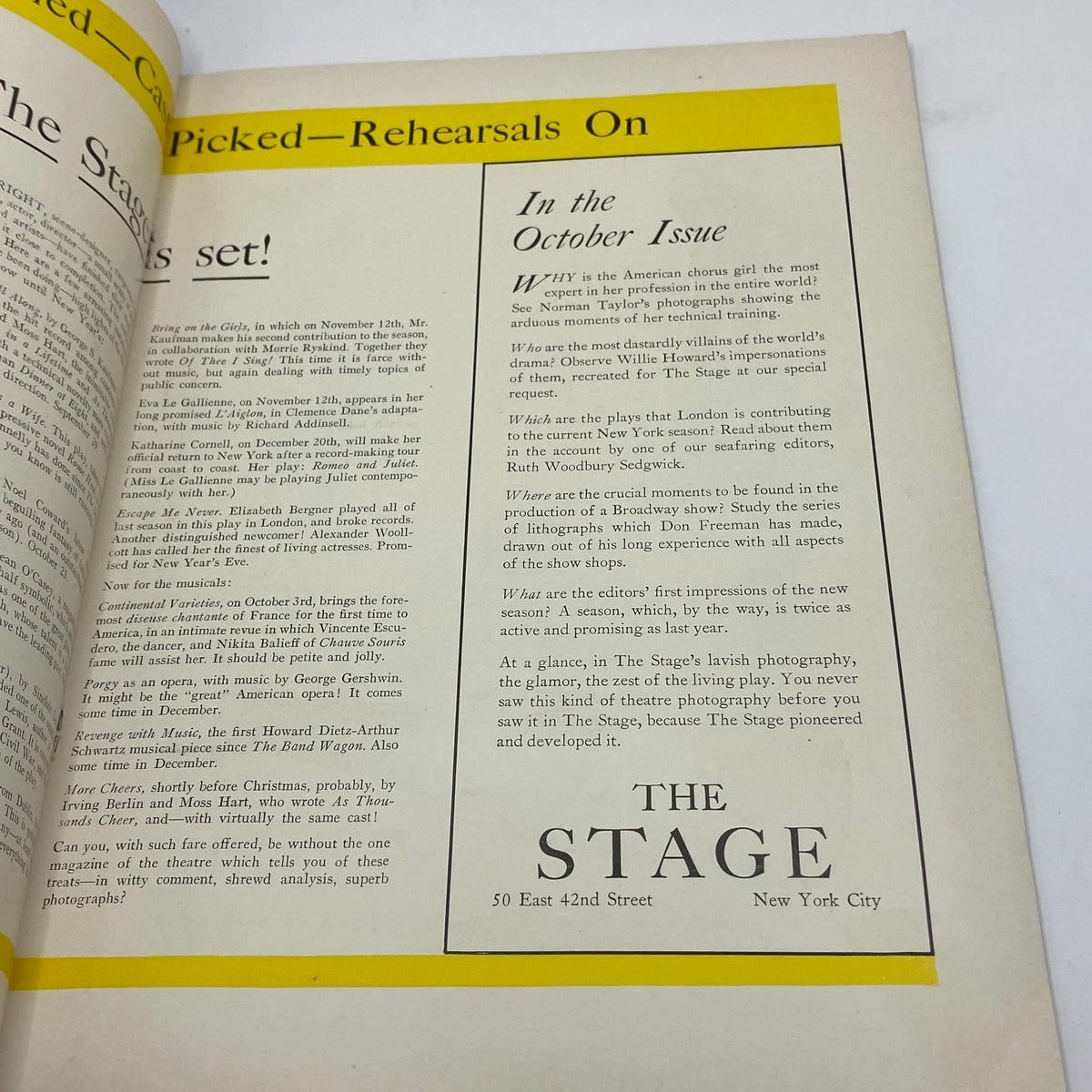 In-depth article titled 'The Stage' from The New Yorker magazine, highlighting theatrical performances and events in New York City, from the October 13, 1934 issue with Rea Irvin cover.