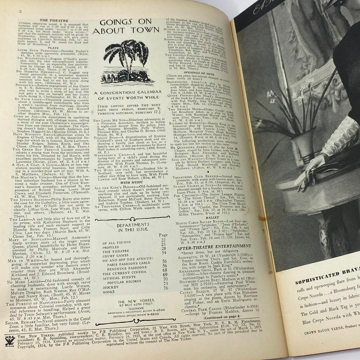 Interior page of The New Yorker Complete Magazine February 10, 1934, featuring the 'Goings On About Town' section, highlighting events and activities of the era.