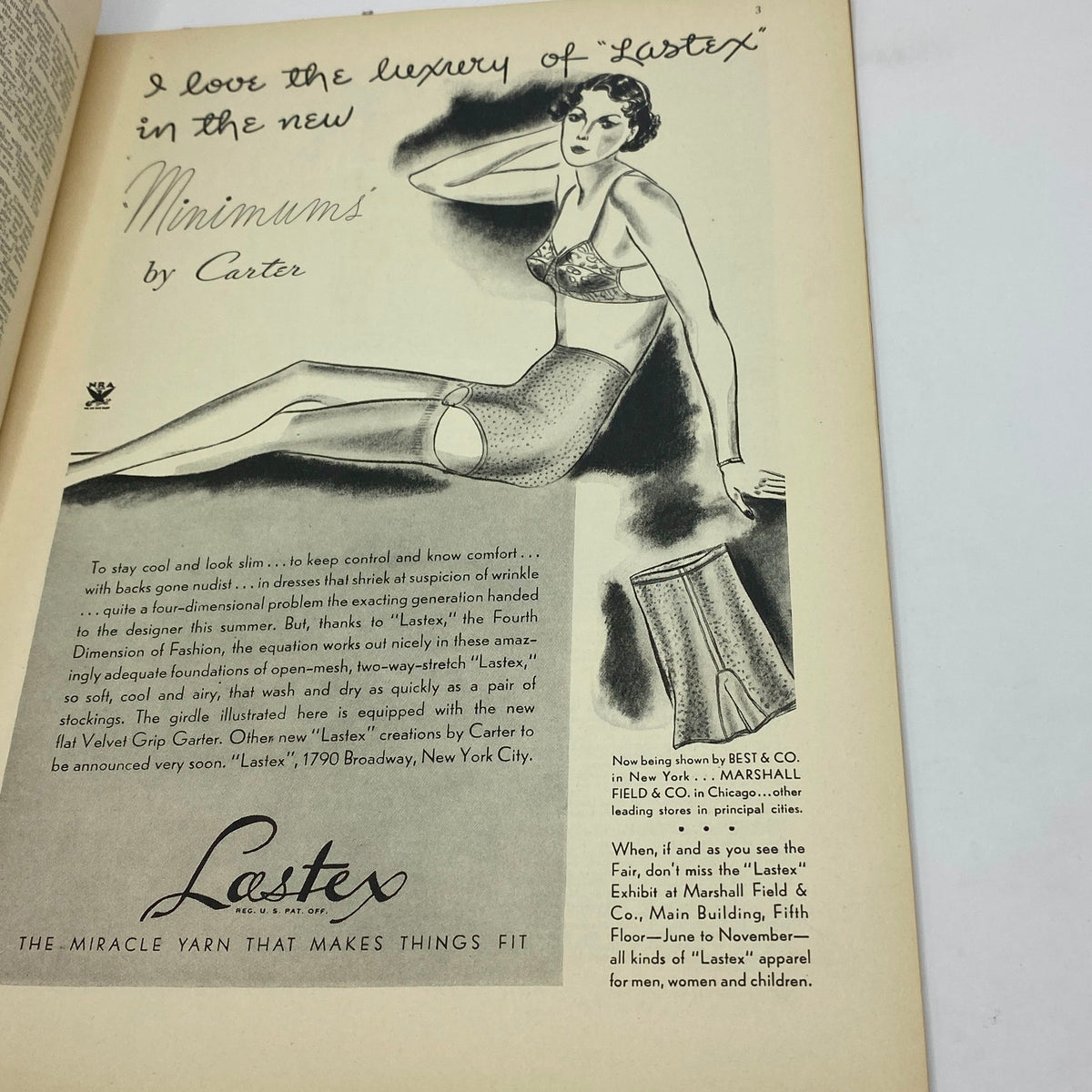 Advertisement page from The New Yorker Complete Magazine July 7, 1934, showcasing a vintage fashion ad for 'Lastex' with an illustration of a woman in stylish underwear, a unique piece for vintage advertising enthusiasts.