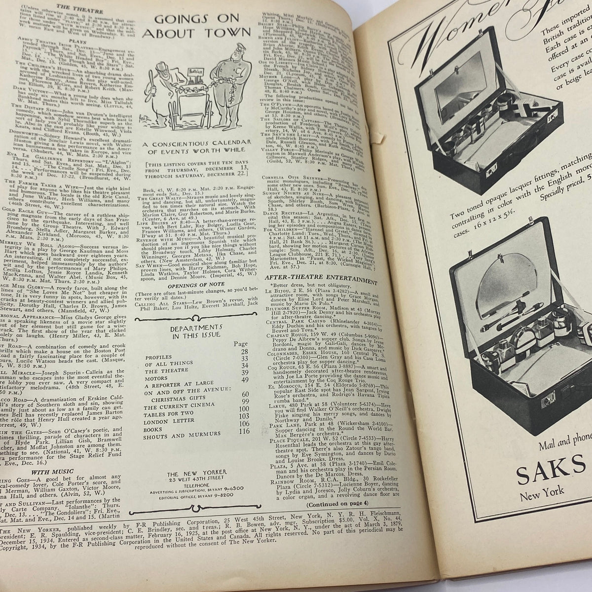 Goings On About Town section from The New Yorker Complete Magazine December 15, 1934, featuring a calendar of events and various articles for theater and entertainment.
