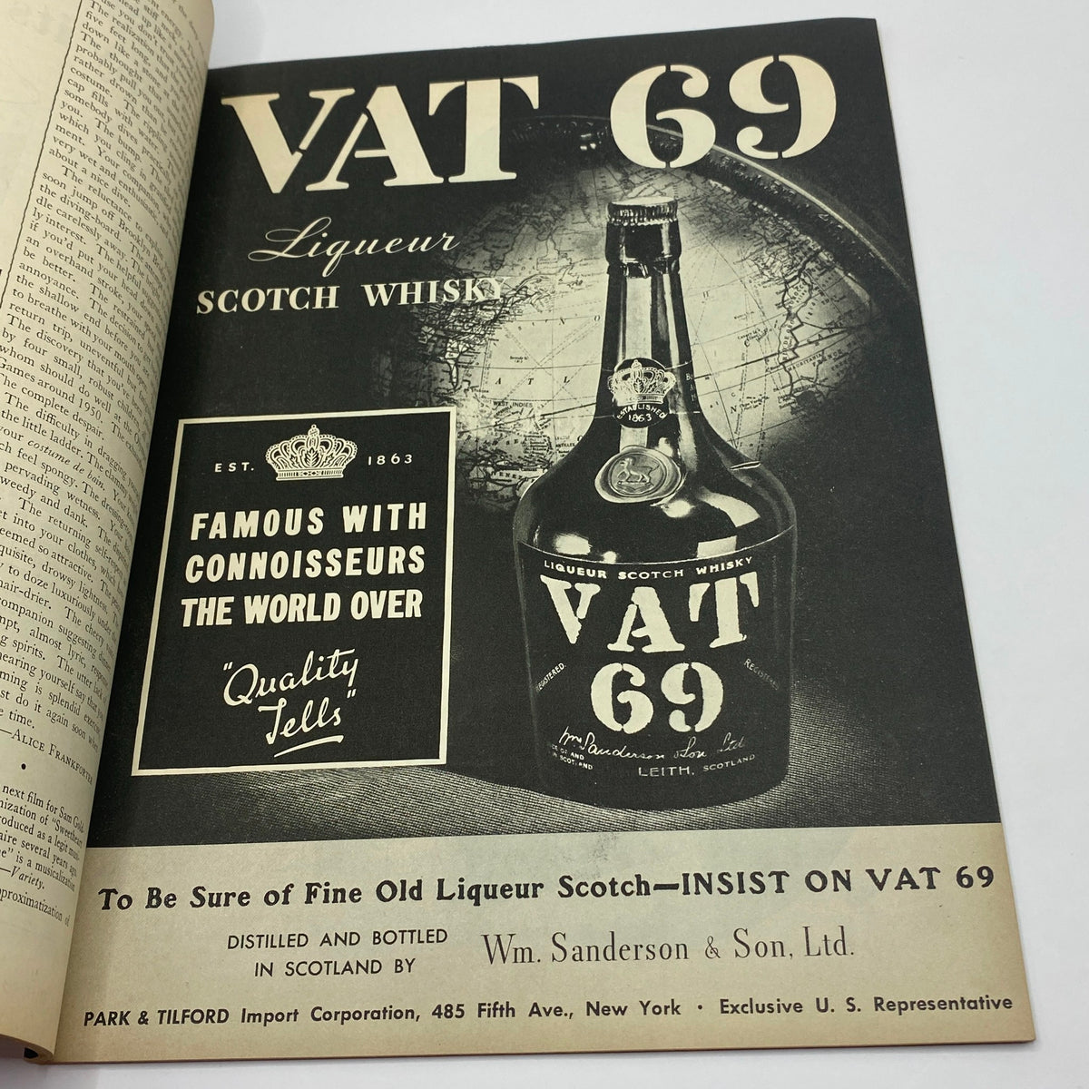 Advertisement for VAT 69 Scotch Whisky in The New Yorker magazine from November 10, 1934, highlighting the product and its vintage design.