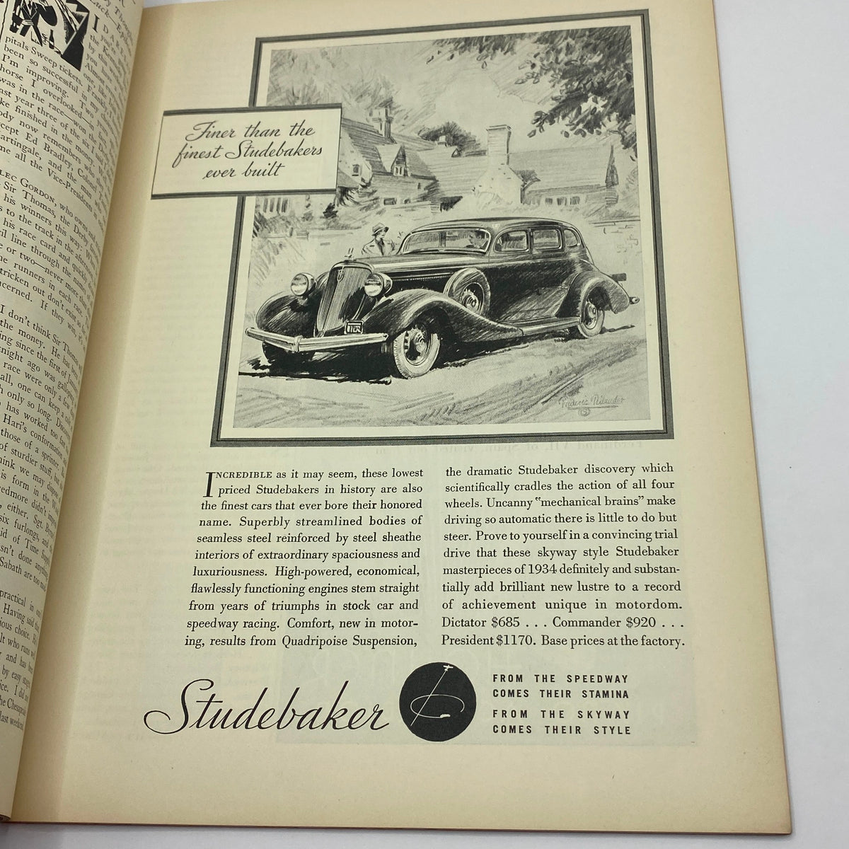 Inside advertisement page of The New Yorker Complete Magazine May 5, 1934 showcasing the stylish 1934 Studebaker car with detailed features.