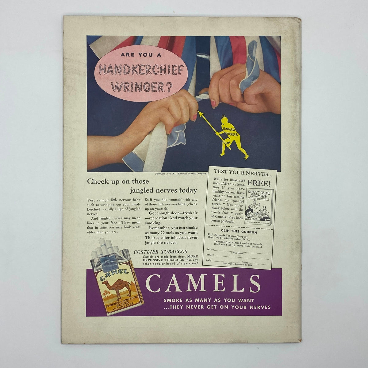 Advertisement for Camels cigarettes on the back cover of The New Yorker magazine from May 19, 1934, featuring a playful graphic with a question about nerves, highlighting vintage marketing styles.