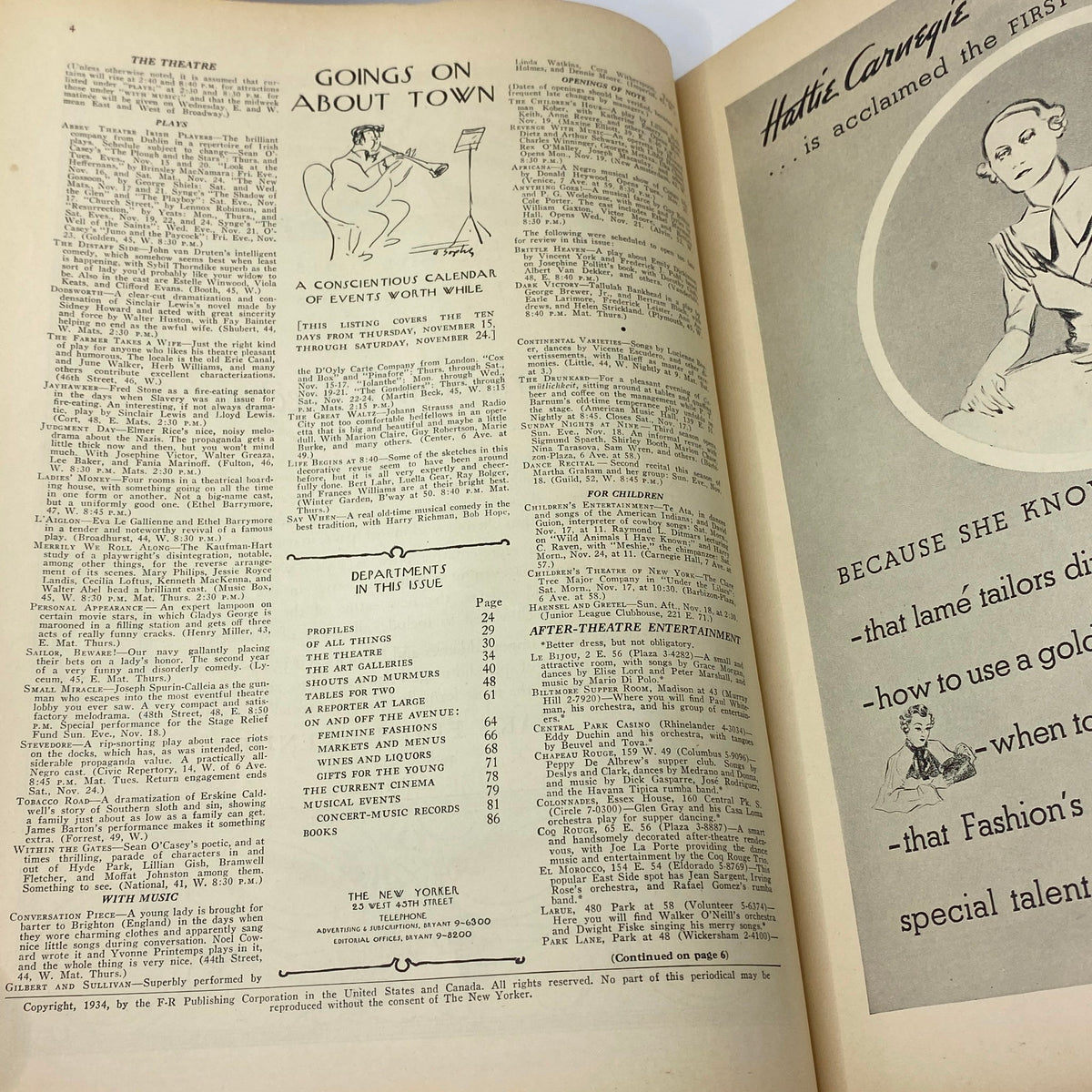Inside page of The New Yorker Complete Magazine November 17, 1934 featuring 'Goings On About Town' section with event listings and a cartoon illustration.