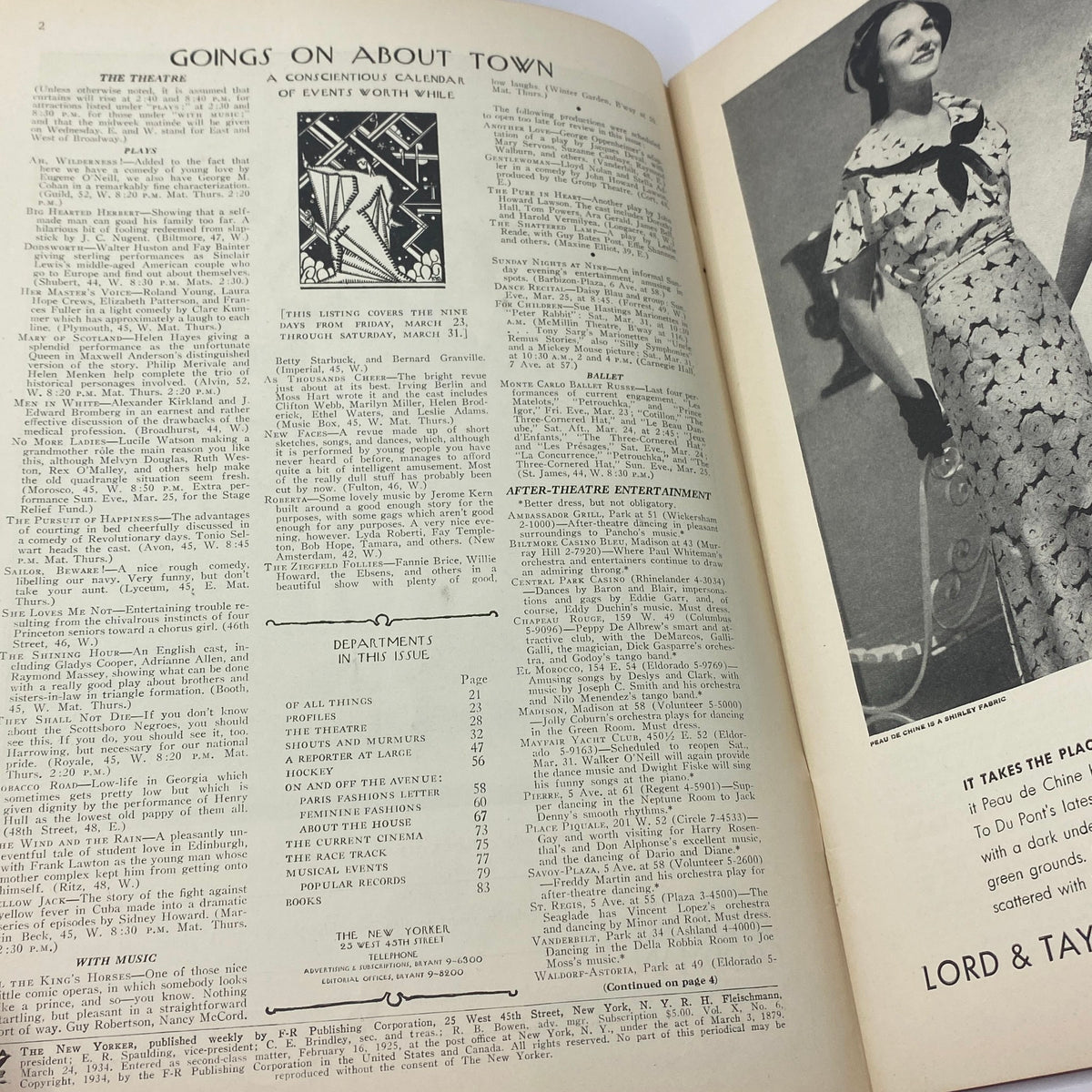 Inside page of The New Yorker magazine, March 24, 1934, showcasing events and articles in a classic layout.