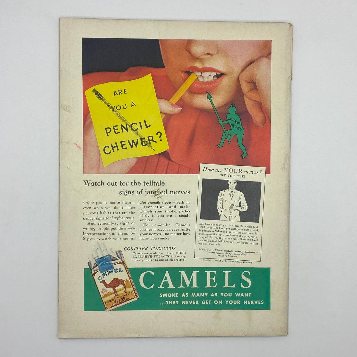 Advertisement from The New Yorker, March 24, 1934, featuring a colorful campaign for Camel cigarettes, highlighting signs of jangled nerves.