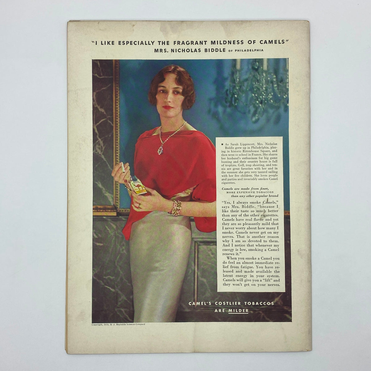 Vintage advertisement from The New Yorker Complete Magazine August 11, 1934 featuring a woman promoting Camel cigarettes, illustrating 1930s advertising styles.