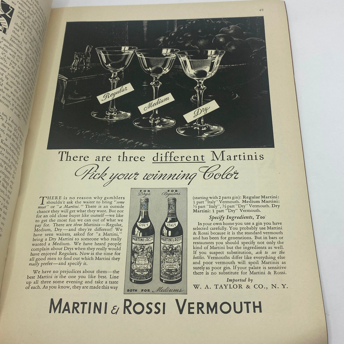 Vintage advertisement for Martini & Rossi Vermouth, featured in The New Yorker April 6, 1935, promoting different types of martinis with a stylish illustration.