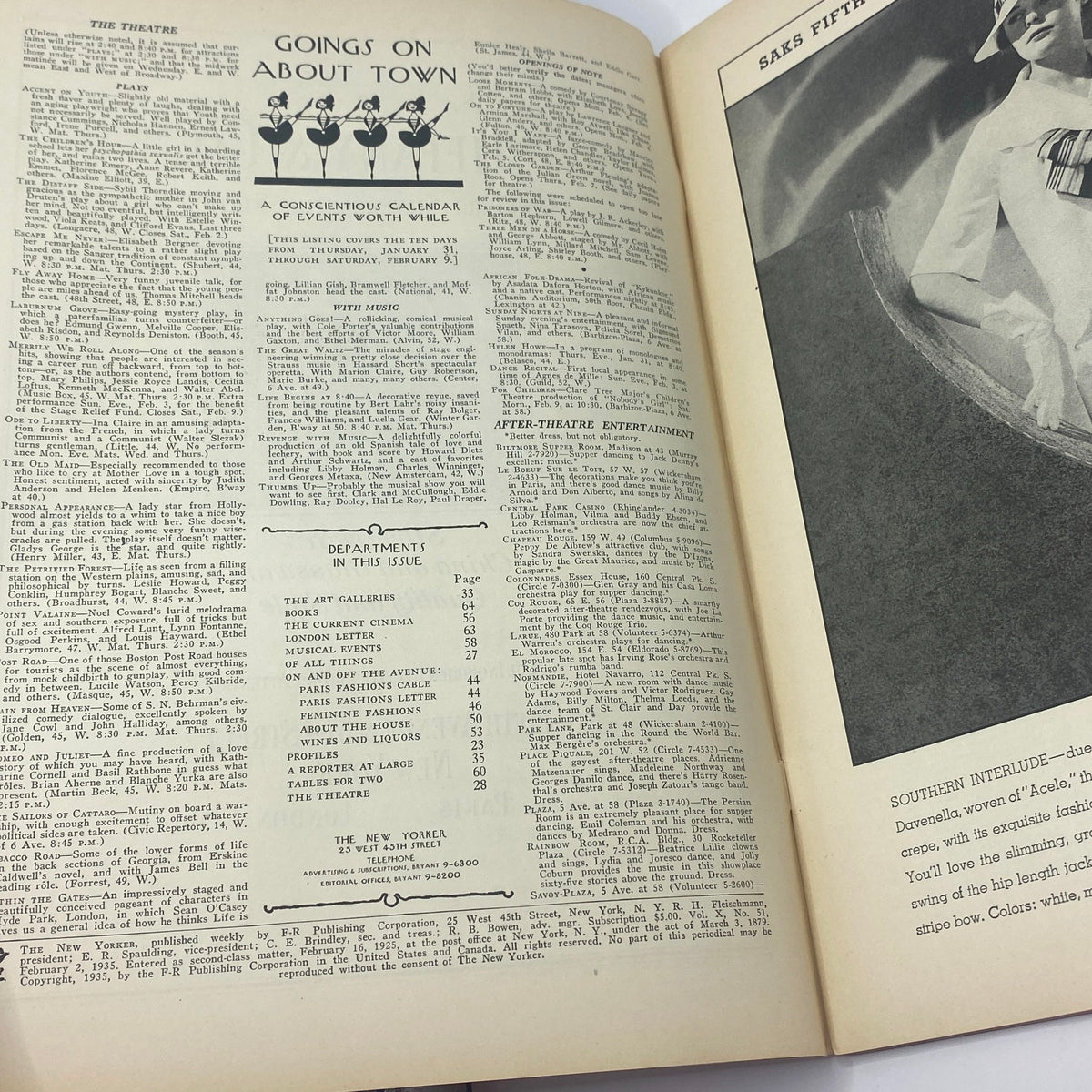 Interior page of The New Yorker, February 2, 1935, featuring events calendar and departments, showcasing vintage typography and layout.