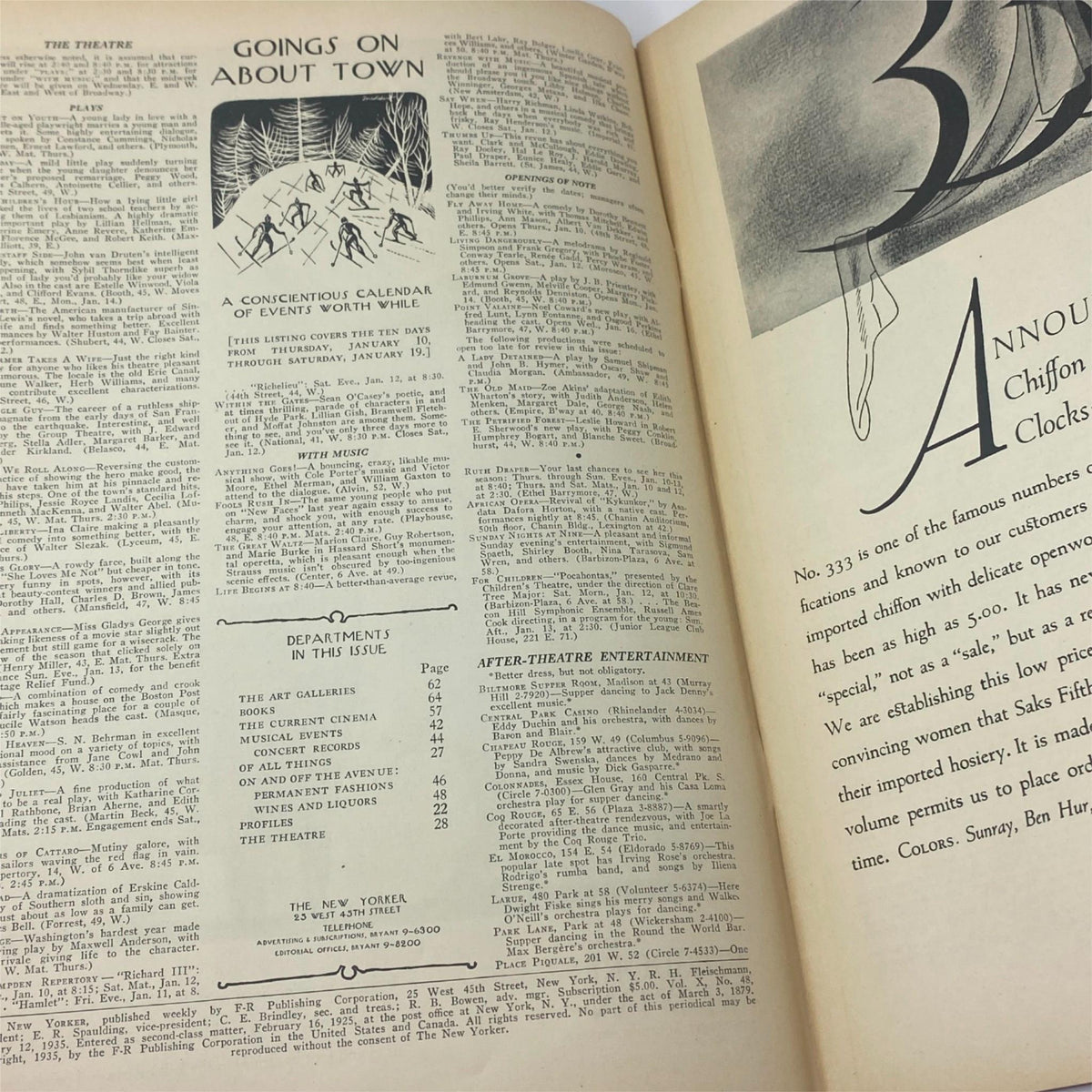 Interior view of The New Yorker Complete Magazine January 12, 1935 featuring a calendar of events and advertisements, showcasing the vintage style and layout characteristic of that era.