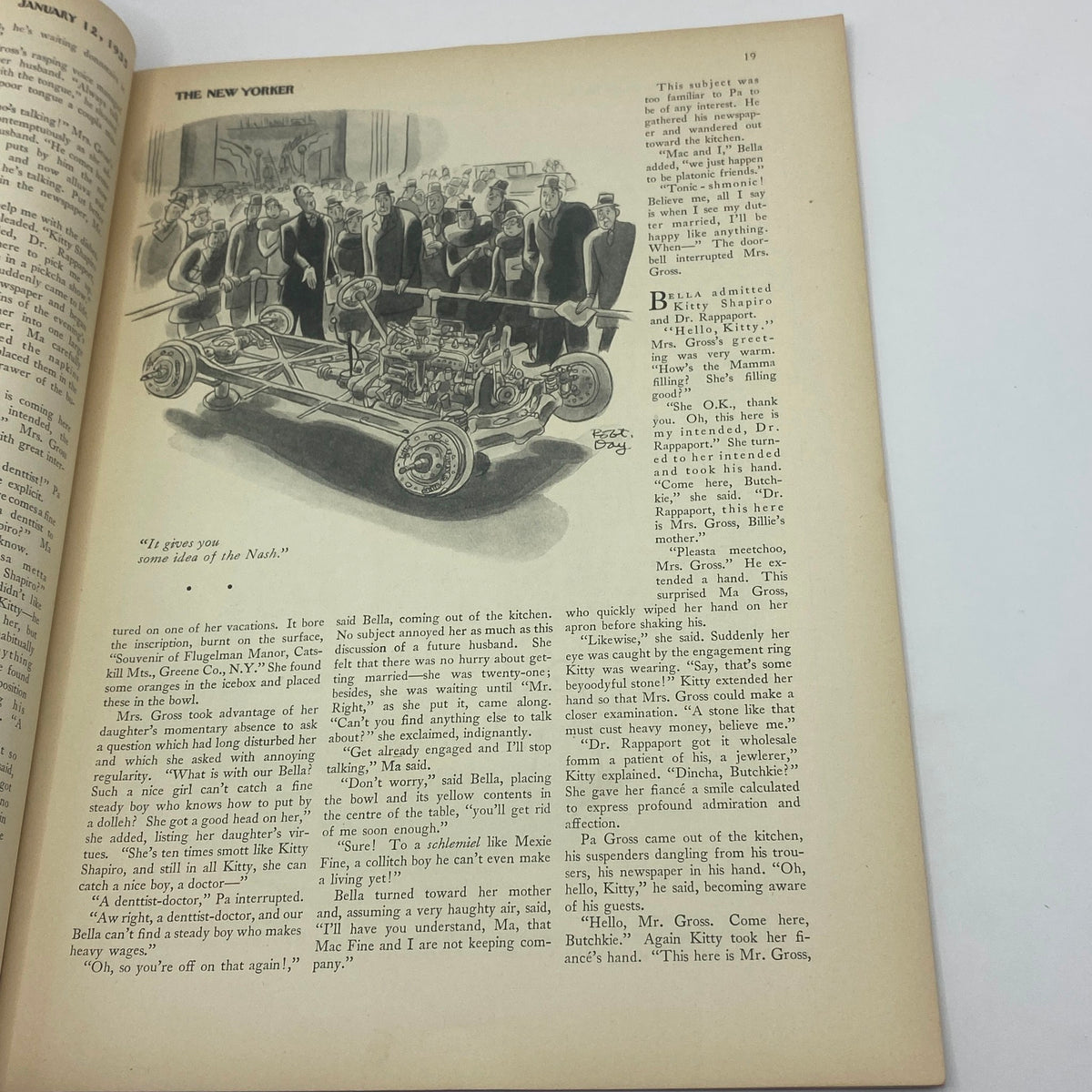 The New Yorker Complete Magazine January 12, 1935 Rea Irvin Cover, featuring a humorous illustration of a car surrounded by elegantly dressed people, showcasing the witty and artistic style of the era.