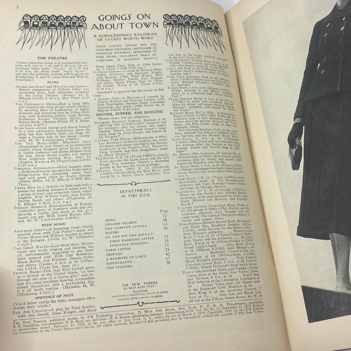 Inside page of The New Yorker Complete Magazine from September 14, 1935 featuring a schedule of events and theater listings, showcasing the cultural activities of the time.