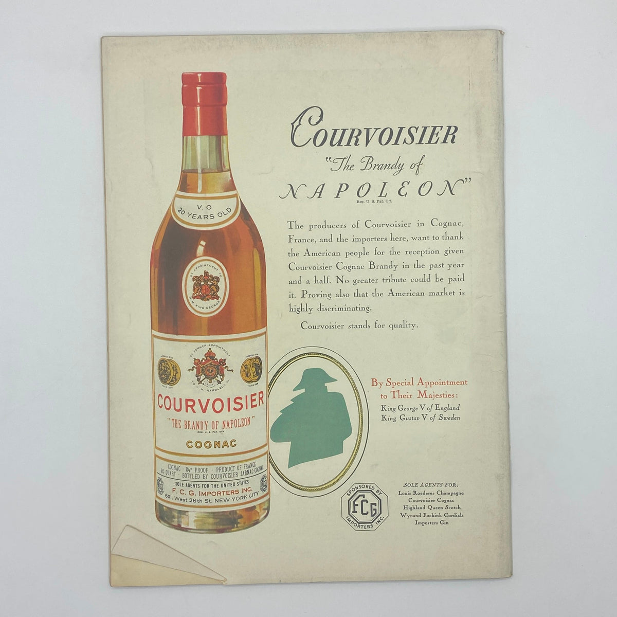 Advertisement for Courvoisier Cognac from The New Yorker Complete Magazine September 14, 1935, highlighting the brand as 'The Brandy of Napoleon' with an image of the Cognac bottle.