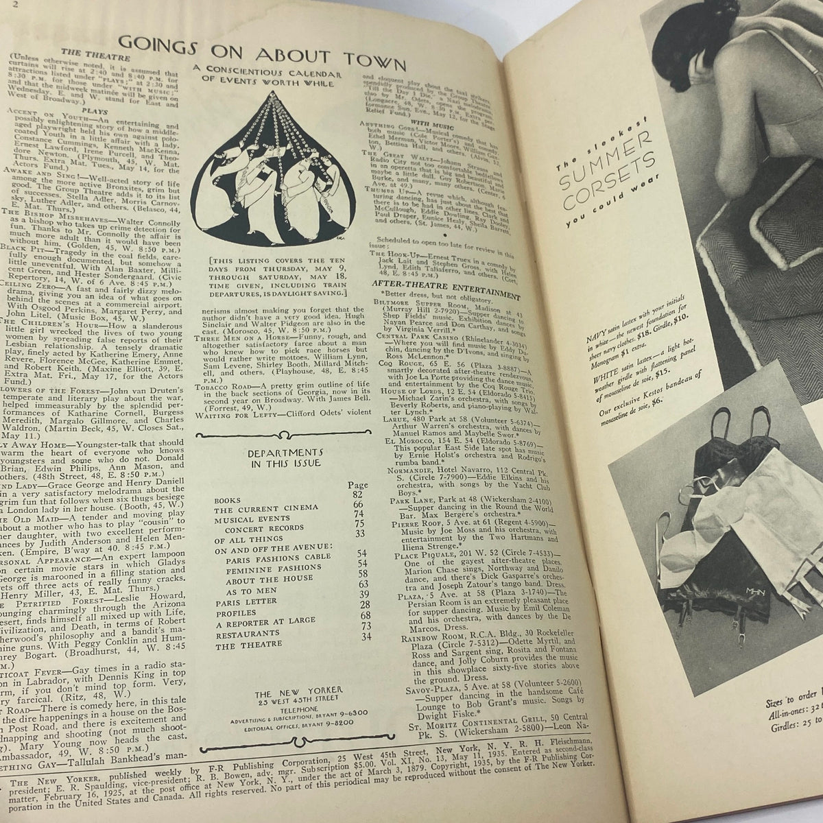 Interior page of The New Yorker magazine from May 11, 1935, featuring a calendar of events including theater listings and entertainment recommendations.