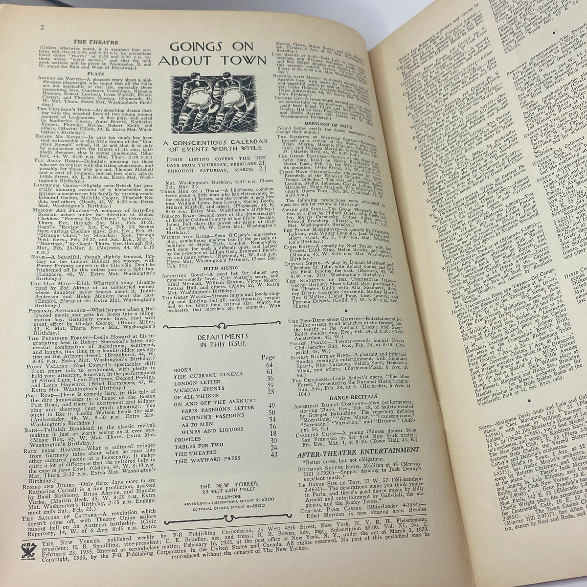 Interior page of The New Yorker magazine from February 23, 1935, showcasing the 'Goings on About Town' section with events and theater listings.