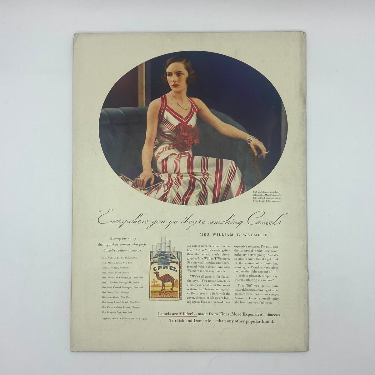 Back cover of The New Yorker magazine from February 23, 1935, displaying a vintage cigarette advertisement for Camel, featuring a woman in a striped dress.