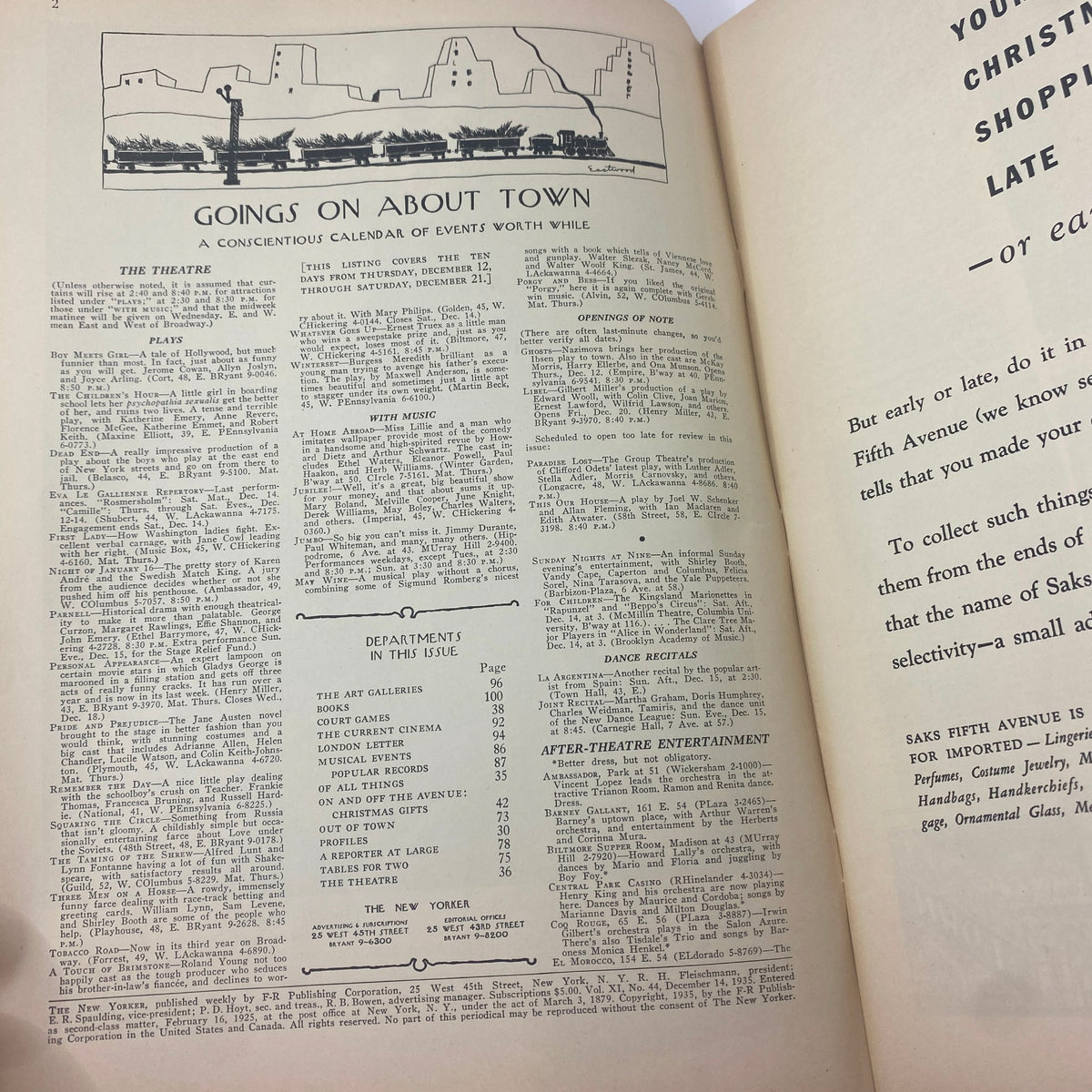 Inside page of The New Yorker magazine from December 14, 1935, displaying the section titled 'Goings On About Town' with listings of cultural events, highlighting the era's entertainment scene.