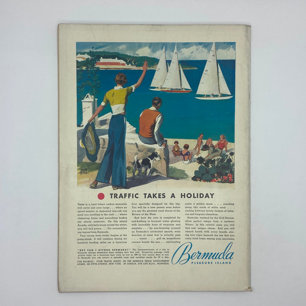 Colorful advertisement from The New Yorker magazine from December 14, 1935, featuring a scenic view of Bermuda, illustrating the allure of vacations in a vintage style.