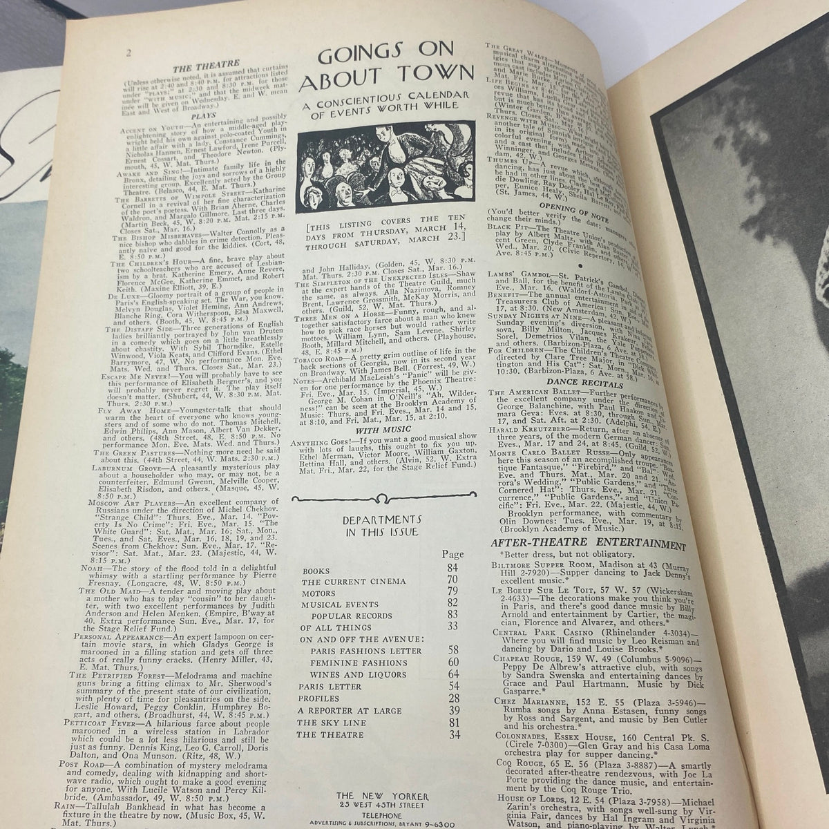 Interior page of The New Yorker magazine from March 16, 1935 featuring a calendar of events titled 'Goings On About Town', highlighting cultural activities and entertainment options available in New York City during that time, showcasing early 20th-century journalism.