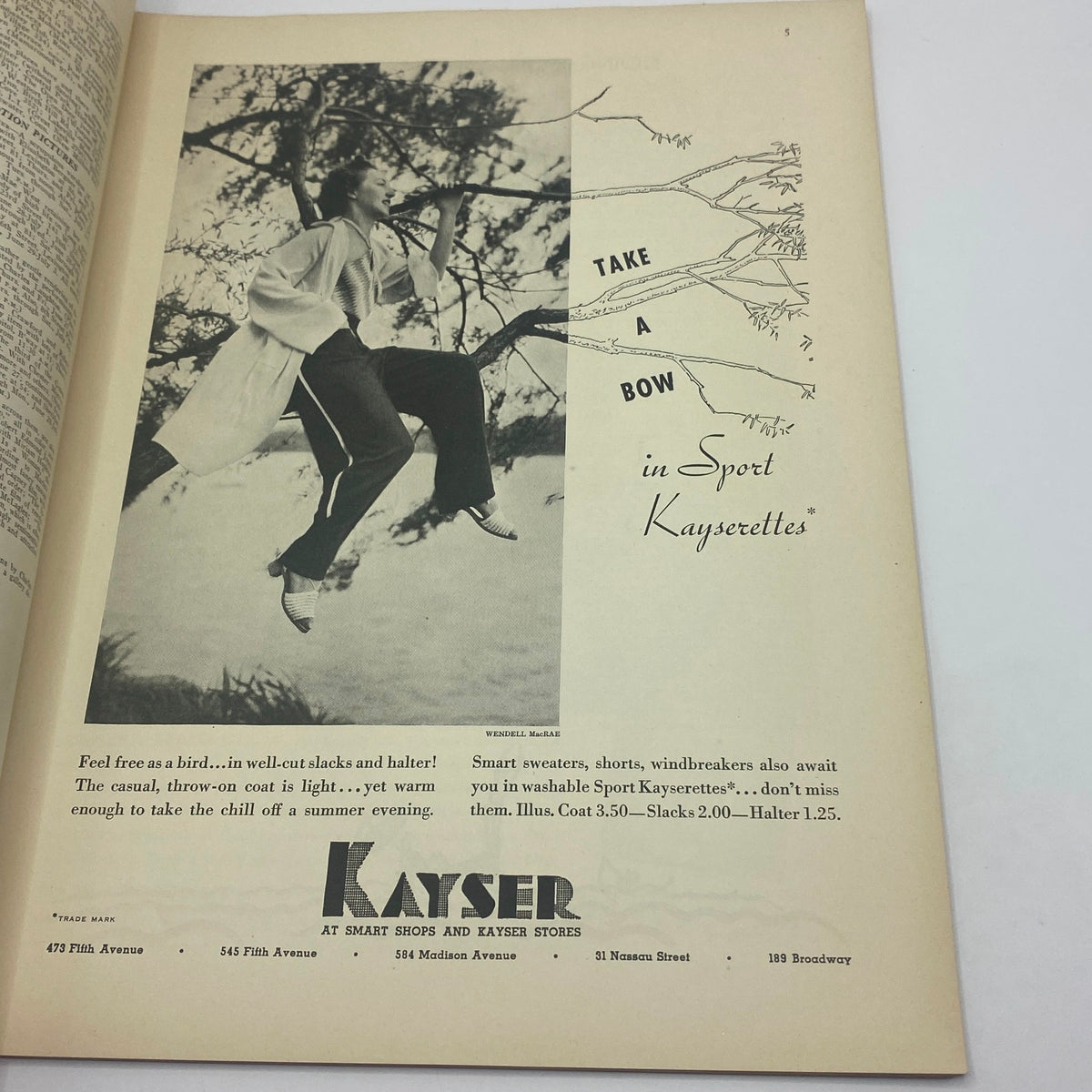 Advertisement from The New Yorker Complete Magazine June 29, 1935 featuring a model in sporty attire, displaying the Kayser brand clothing with the slogan 'Take a Bow in Sport Kayserettes.'