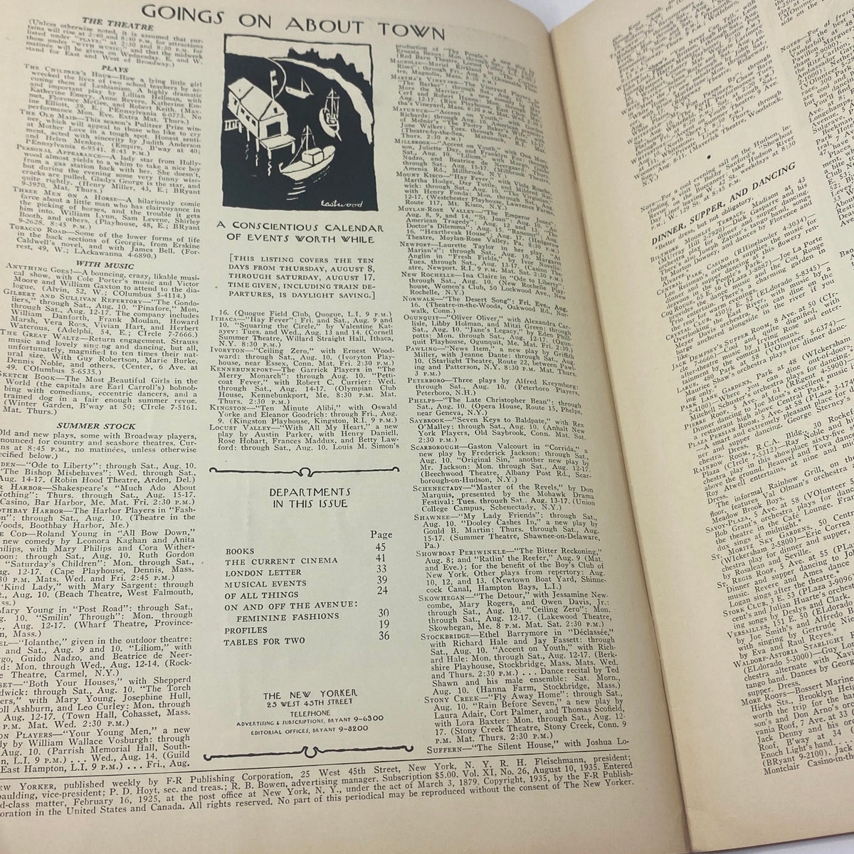 Goings On About Town section from The New Yorker magazine, August 10, 1935, featuring event listings and illustrations.