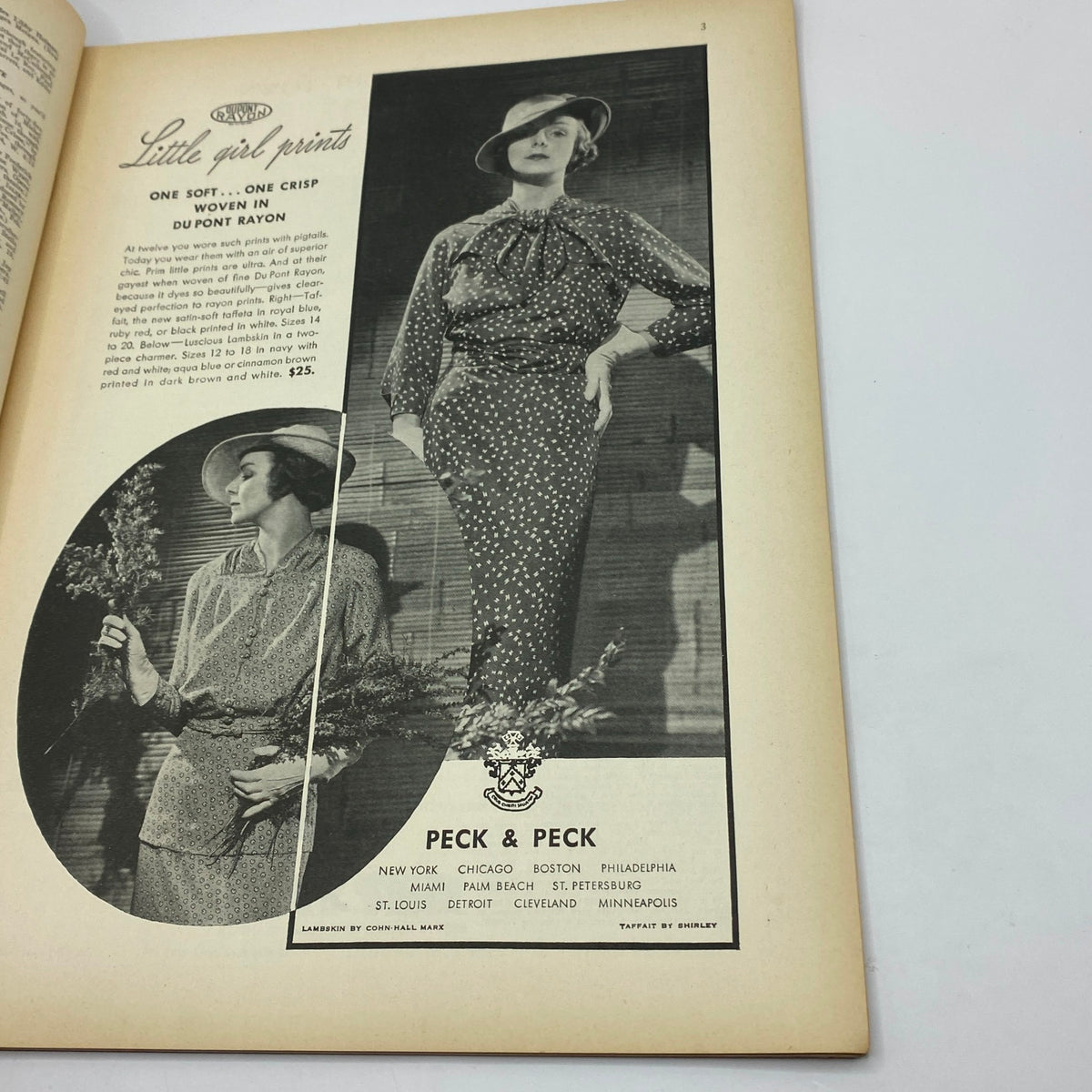 Fashion advertisement page from The New Yorker magazine February 16, 1935 featuring vintage clothing from Peck & Peck, showcasing a model in stylish attire.