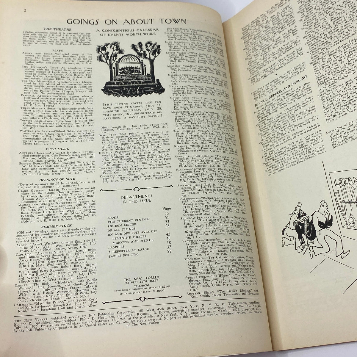 Inside page of The New Yorker magazine, July 13, 1935, featuring a calendar of events with articles and advertisements, highlighting culture and society from the 1930s.