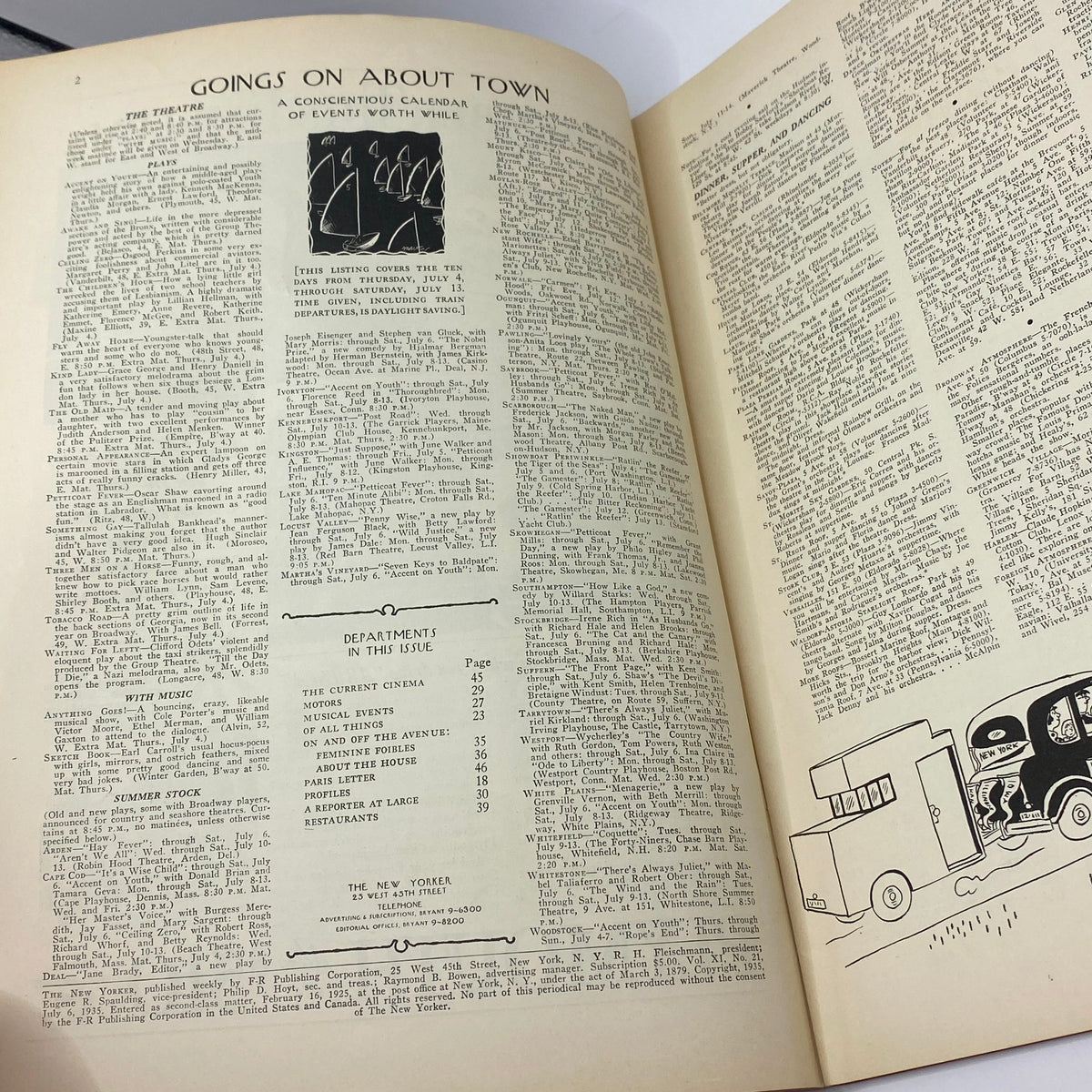 Interior pages featuring events and listings from The New Yorker Magazine July 6, 1935 by William Steig, showcasing a calendar of noteworthy happenings in New York.