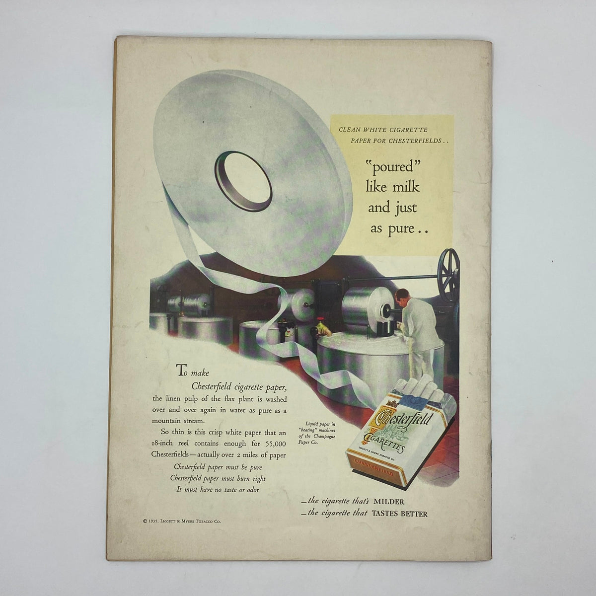 Vintage Chesterfield cigarette ad showcasing clean white cigarette paper, featuring machinery and the tagline 'poured like milk and just as pure' from The New Yorker complete magazine July 6, 1935.