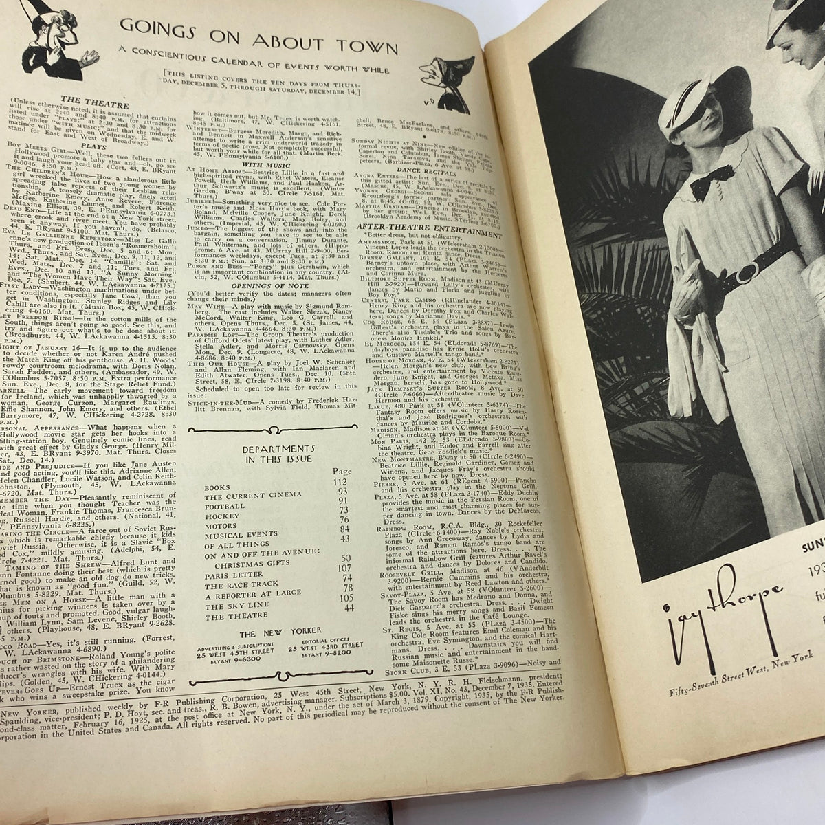 Inside page of The New Yorker Complete Magazine December 7, 1935 showcasing the calendar of events and advertisements, featuring the distinguished layout and typography characteristic of the publication.