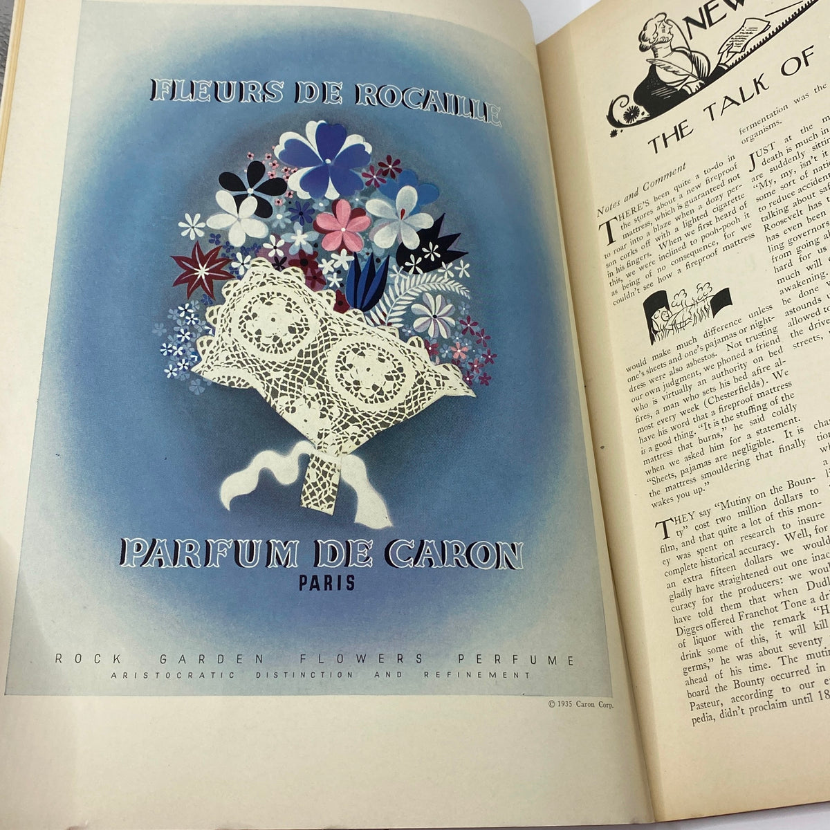 Advertisement for Parfum de Caron in The New Yorker Complete Magazine December 7, 1935, displaying an artistic floral design that exemplifies vintage advertising aesthetics.