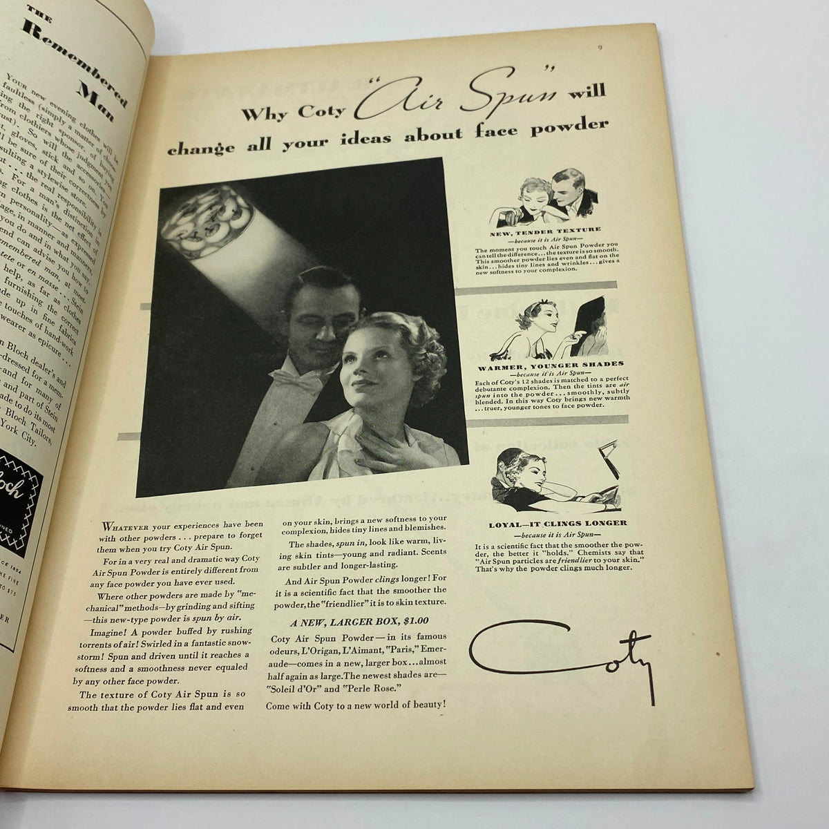 Advertisement for Coty 'Air Spun' face powder from The New Yorker Complete Magazine November 30, 1935, featuring a classic beauty shot and product details.