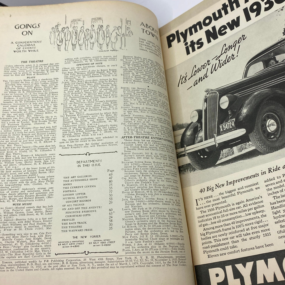 Inside pages of The New Yorker Complete Magazine November 2, 1935 featuring articles and advertisements, showcasing vintage illustrations and period advertisements.