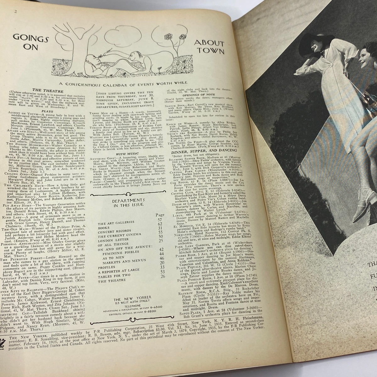 Inside view of The New Yorker Complete Magazine June 1, 1935 showing calendar of events and articles, featuring Rea Irvin's artistic styling.