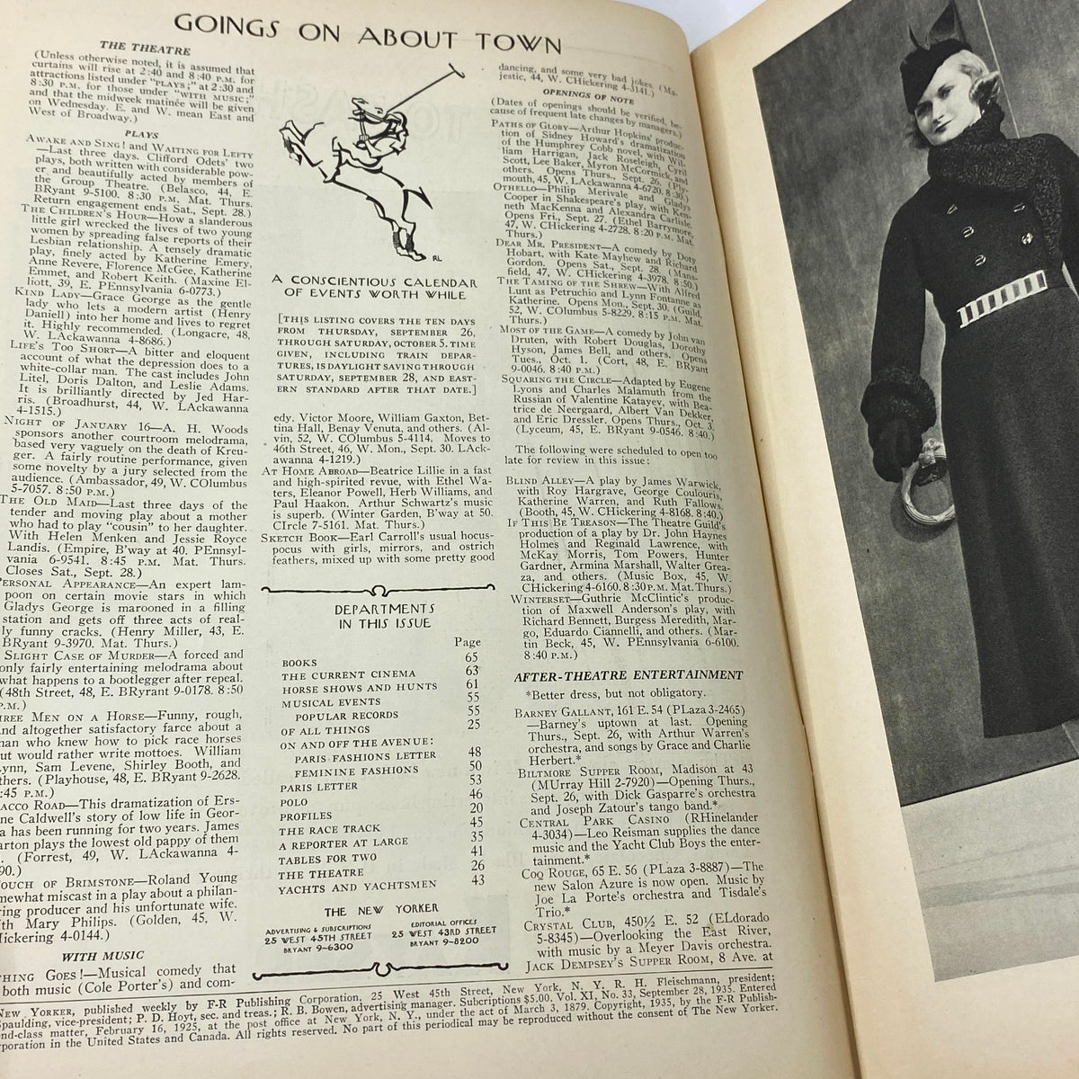 Interior page of The New Yorker magazine, September 28, 1935, featuring a calendar of events and listings for entertainment, showcasing the historical context of 1930s culture.