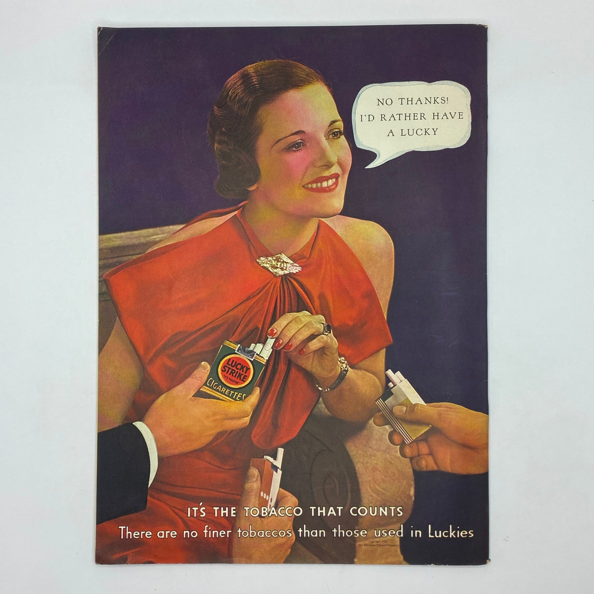 Vintage advertisement featuring a woman in a red dress promoting Lucky Strike cigarettes, from The New Yorker magazine, September 28, 1935, reflecting 1930s advertising trends.