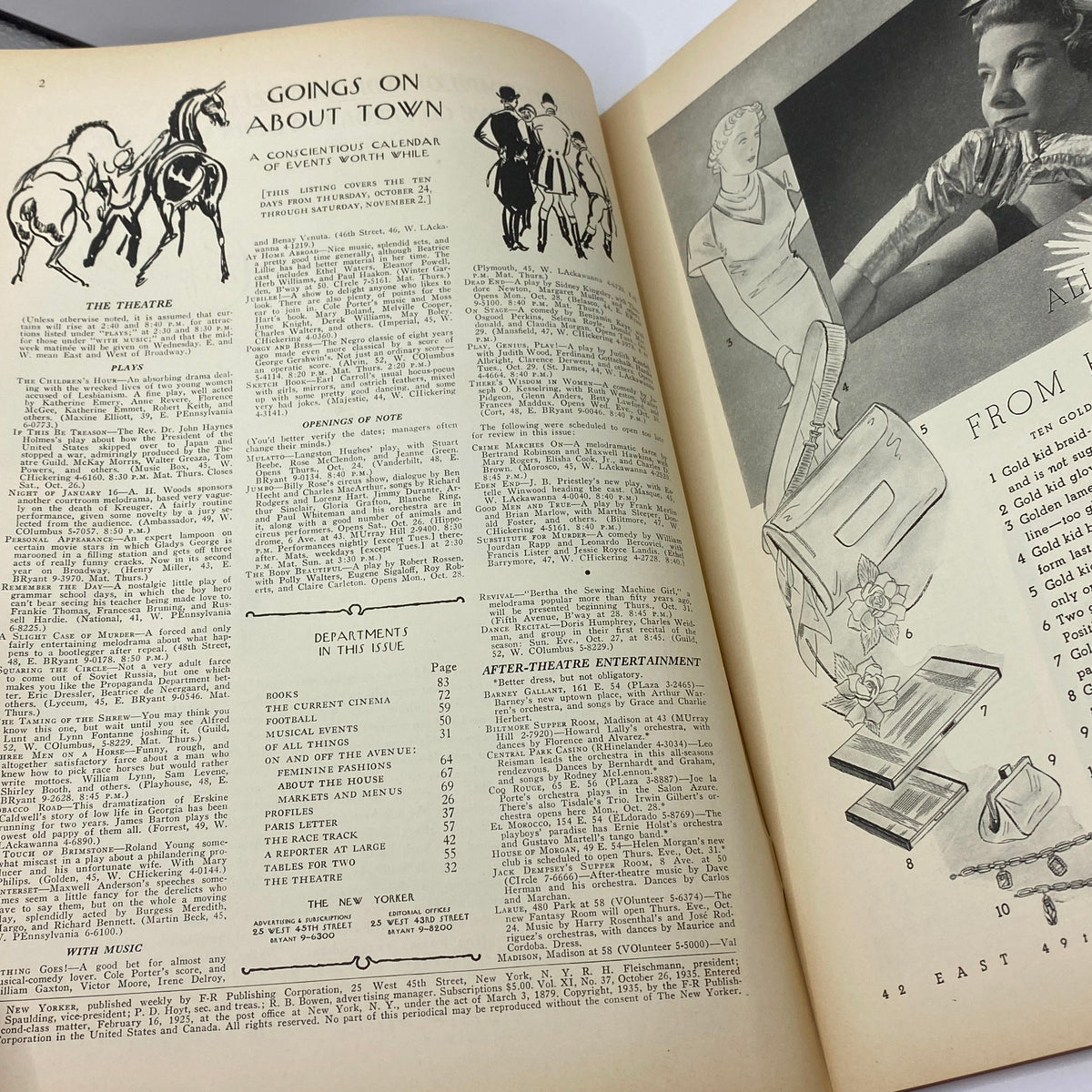Inside page of The New Yorker magazine from October 26, 1935 featuring a cultural calendar and content listings, showcasing the rich literary and artistic culture of the 1930s.