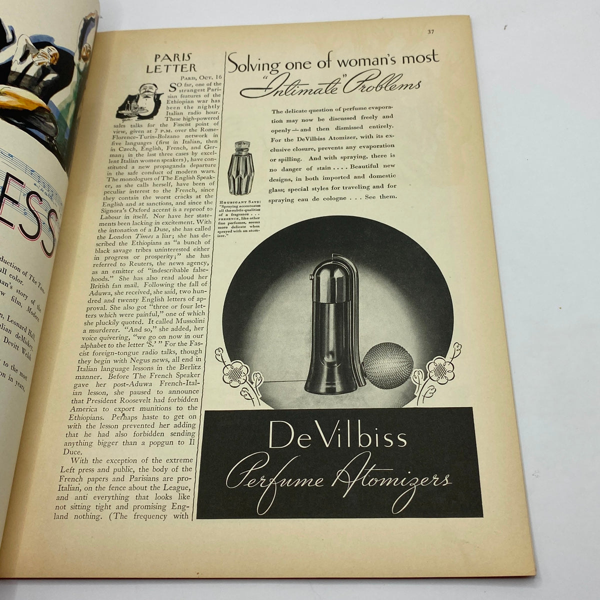 Advertorial page in The New Yorker magazine from October 26, 1935 presenting the DeVilbiss perfume atomizer, highlighting beauty trends of the era.